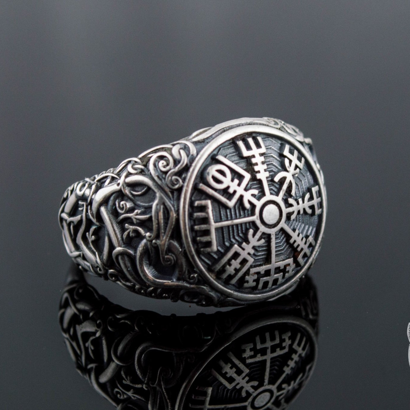 Urnes Style Vegvisir Symbol 925 Sterling Silver Norse Ring - VikingsBrand