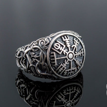 Urnes Style Vegvisir Symbol 925 Sterling Silver Norse Ring - VikingsBrand