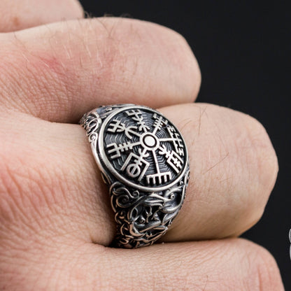 Urnes Style Vegvisir Symbol 925 Sterling Silver Norse Ring - VikingsBrand