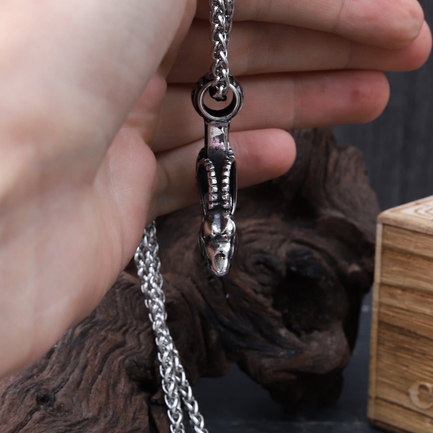 USA SHIPPING ONLY - Stainless Steel Thor Hammer With Two Chains & Wooden Box