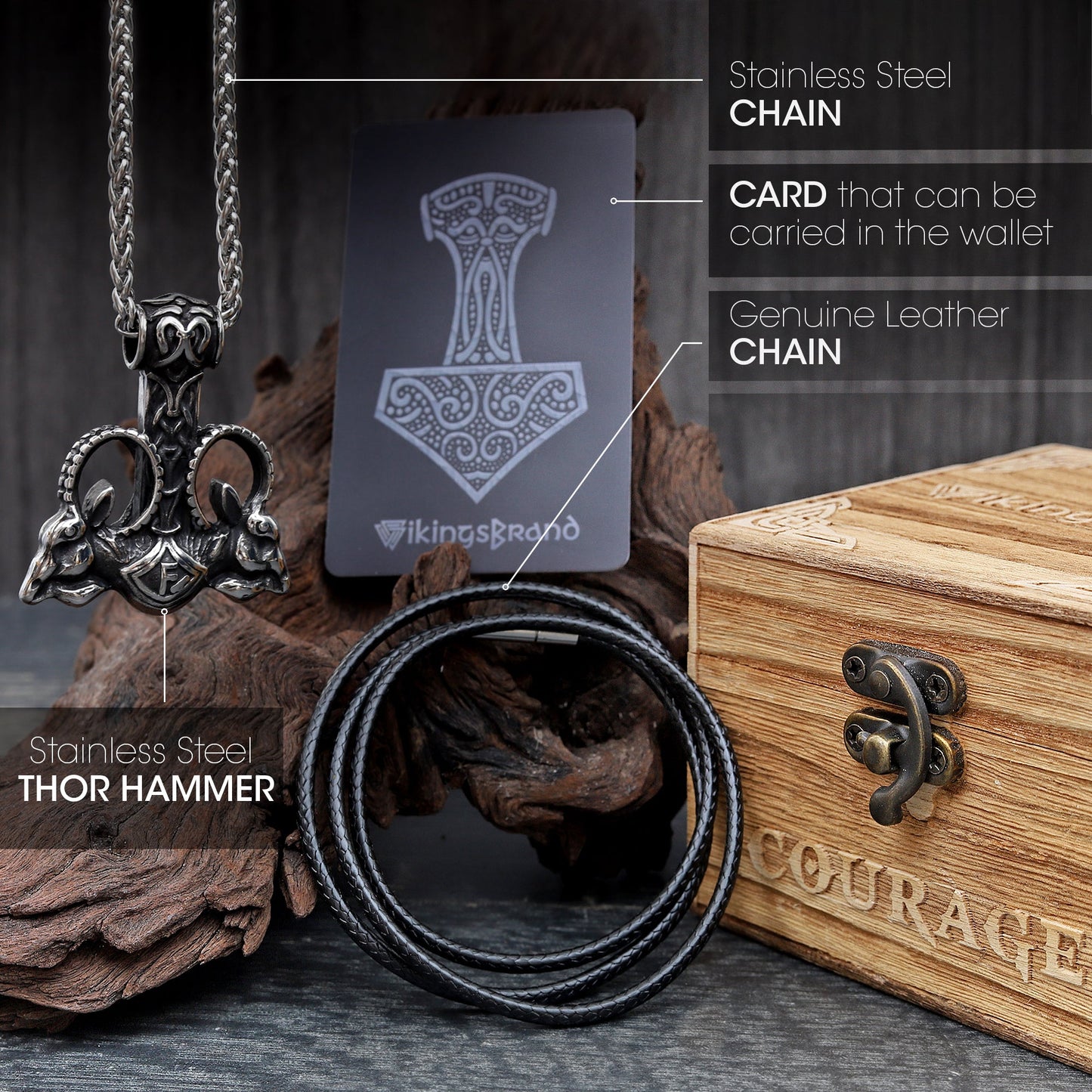 USA SHIPPING ONLY - Stainless Steel Thor Hammer With Two Chains & Wooden Box