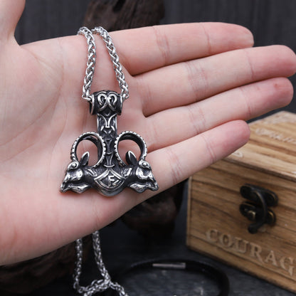 USA SHIPPING ONLY - Stainless Steel Thor Hammer With Two Chains & Wooden Box