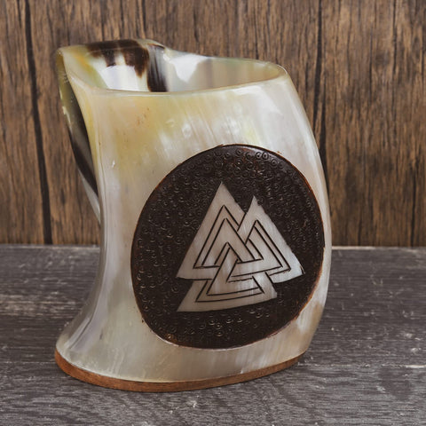 Valknut Drinking Horn Mug 6.5in – Natural Ox Horn (US Shipping Only)