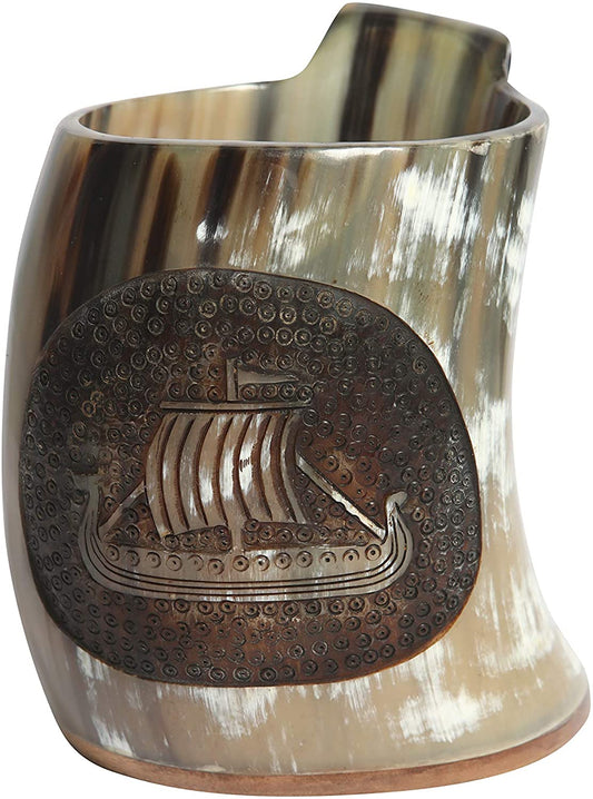USA Shipping Only - Viking Drinking Horns - Carved Drinking Horn Drakkar Mug with Medieval Burlap Sack