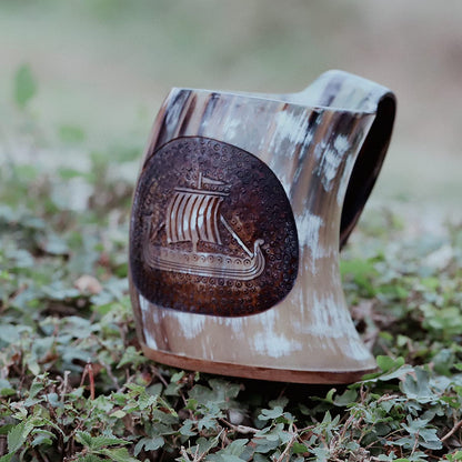 USA Shipping Only - Viking Drinking Horns - Carved Drinking Horn Drakkar Mug with Medieval Burlap Sack