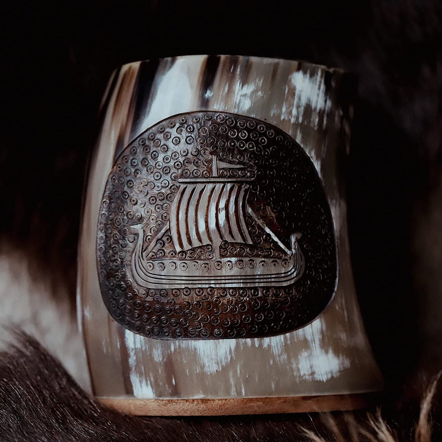 USA Shipping Only - Viking Drinking Horns - Carved Drinking Horn Drakkar Mug with Medieval Burlap Sack