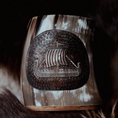 USA Shipping Only - Viking Drinking Horns - Carved Drinking Horn Drakkar Mug with Medieval Burlap Sack
