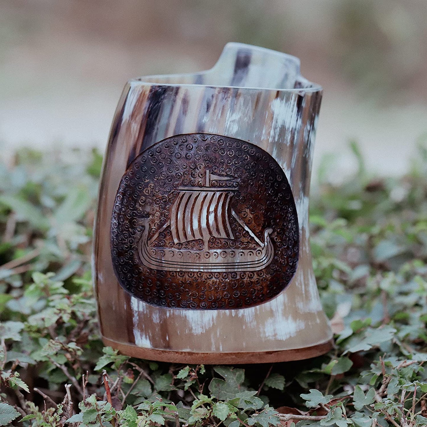 USA Shipping Only - Viking Drinking Horns - Carved Drinking Horn Drakkar Mug with Medieval Burlap Sack
