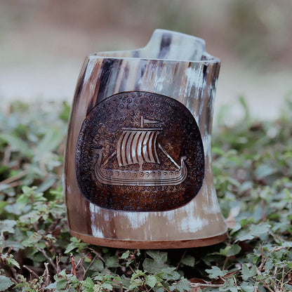 USA Shipping Only - Viking Drinking Horns - Carved Drinking Horn Drakkar Mug with Medieval Burlap Sack