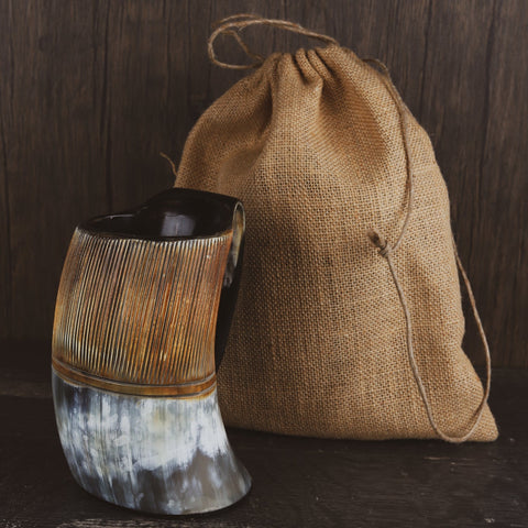 Carved Drinking Horn Mug with Medieval Burlap Sack