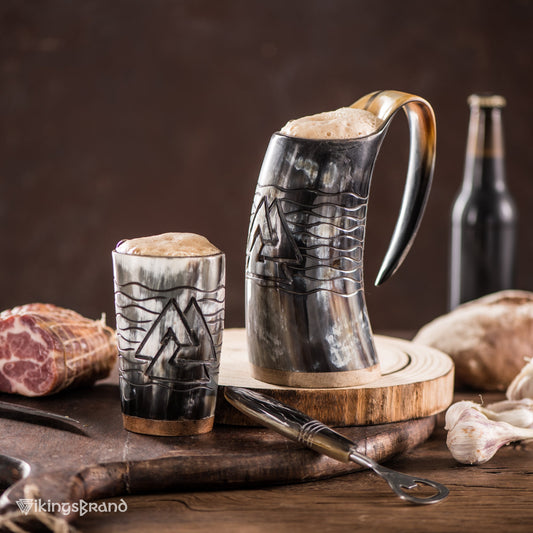 USA SHIPPING ONLY - VikingsBrand 24 oz. Valknut Ox Horn Beer Mug Set with Bottle Opener and Medieval Shot Glass for Ale