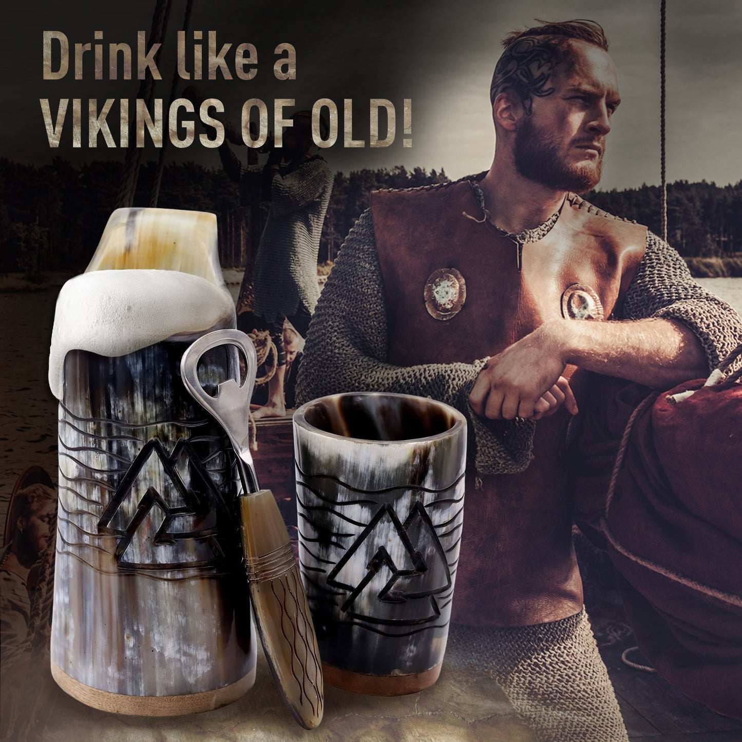 USA SHIPPING ONLY - VikingsBrand 24 oz. Valknut Ox Horn Beer Mug Set with Bottle Opener and Medieval Shot Glass for Ale