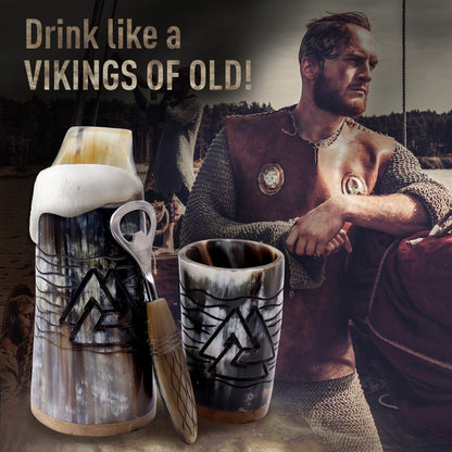 USA SHIPPING ONLY - VikingsBrand 24 oz. Valknut Ox Horn Beer Mug Set with Bottle Opener and Medieval Shot Glass for Ale