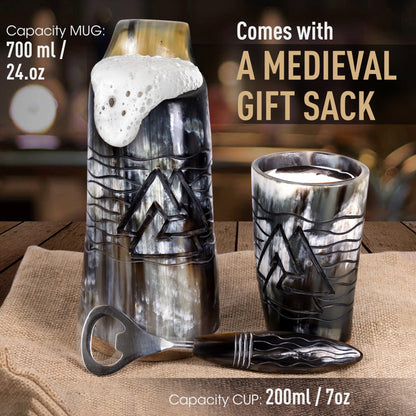 USA SHIPPING ONLY - VikingsBrand 24 oz. Valknut Ox Horn Beer Mug Set with Bottle Opener and Medieval Shot Glass for Ale