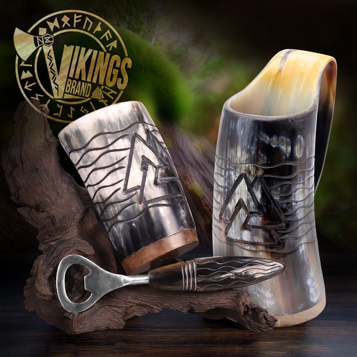 USA SHIPPING ONLY - VikingsBrand 24 oz. Valknut Ox Horn Beer Mug Set with Bottle Opener and Medieval Shot Glass for Ale