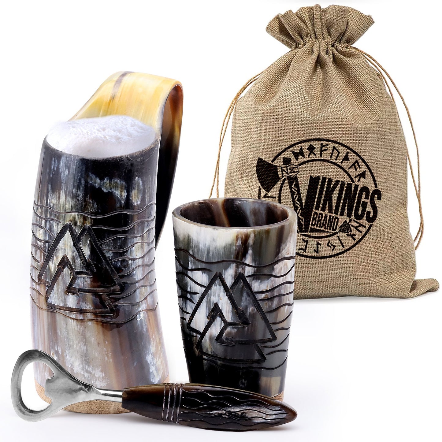 USA SHIPPING ONLY - VikingsBrand 24 oz. Valknut Ox Horn Beer Mug Set with Bottle Opener and Medieval Shot Glass for Ale