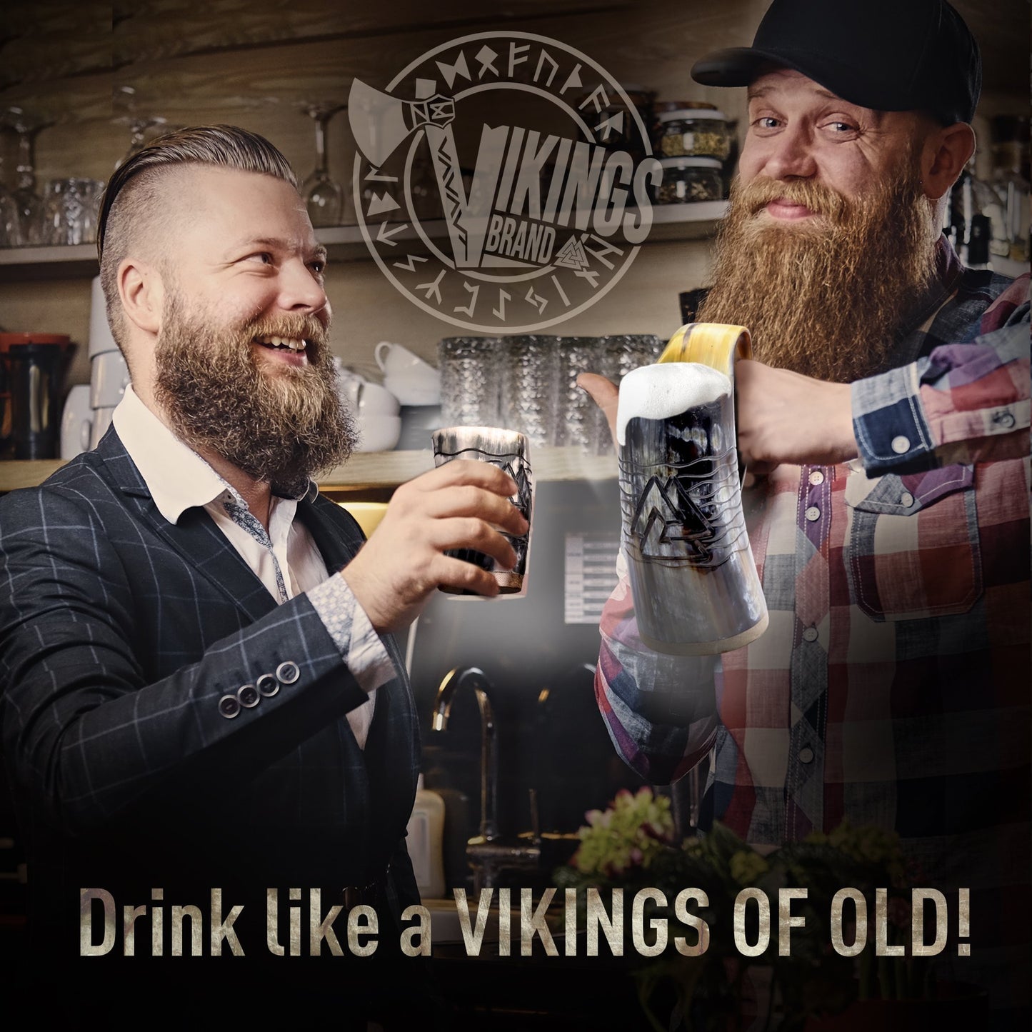 USA SHIPPING ONLY - VikingsBrand 24 oz. Valknut Ox Horn Beer Mug Set with Bottle Opener and Medieval Shot Glass for Ale