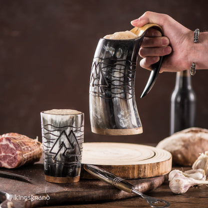 USA SHIPPING ONLY - VikingsBrand 24 oz. Valknut Ox Horn Beer Mug Set with Bottle Opener and Medieval Shot Glass for Ale