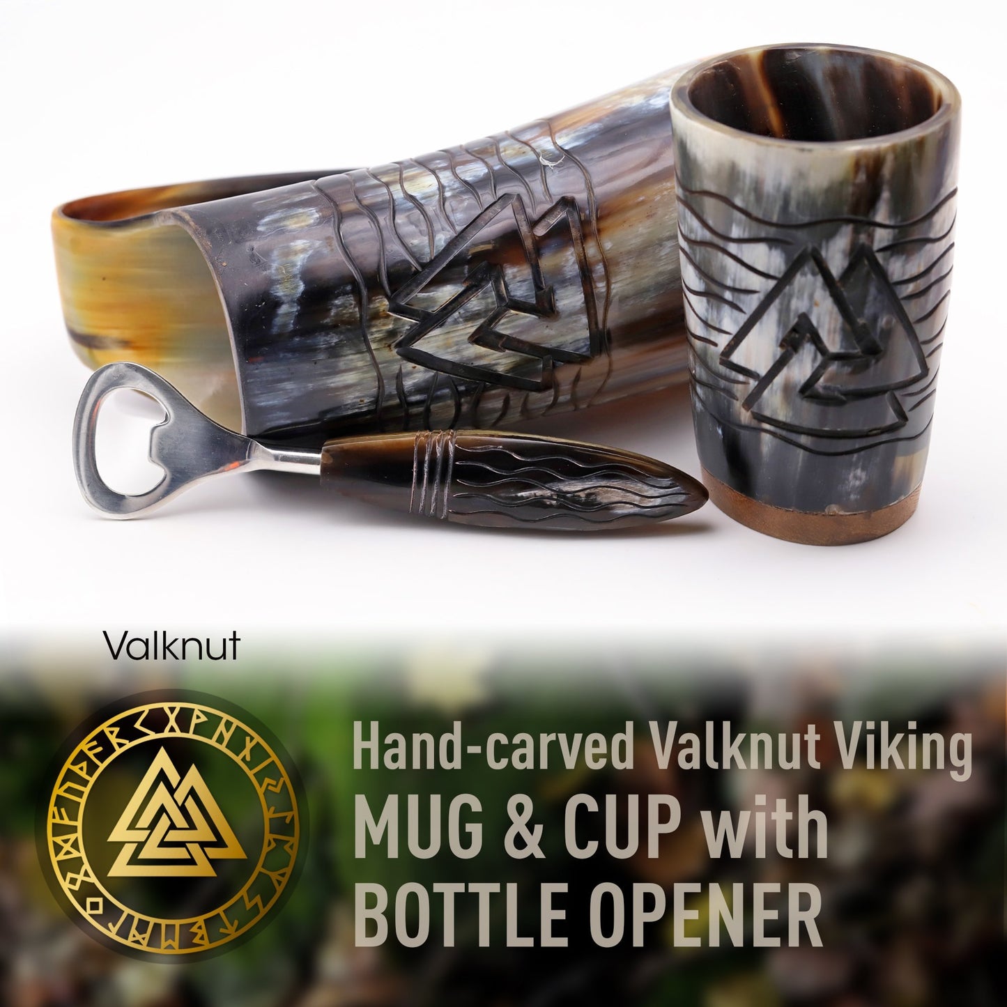 USA SHIPPING ONLY - VikingsBrand 24 oz. Valknut Ox Horn Beer Mug Set with Bottle Opener and Medieval Shot Glass for Ale
