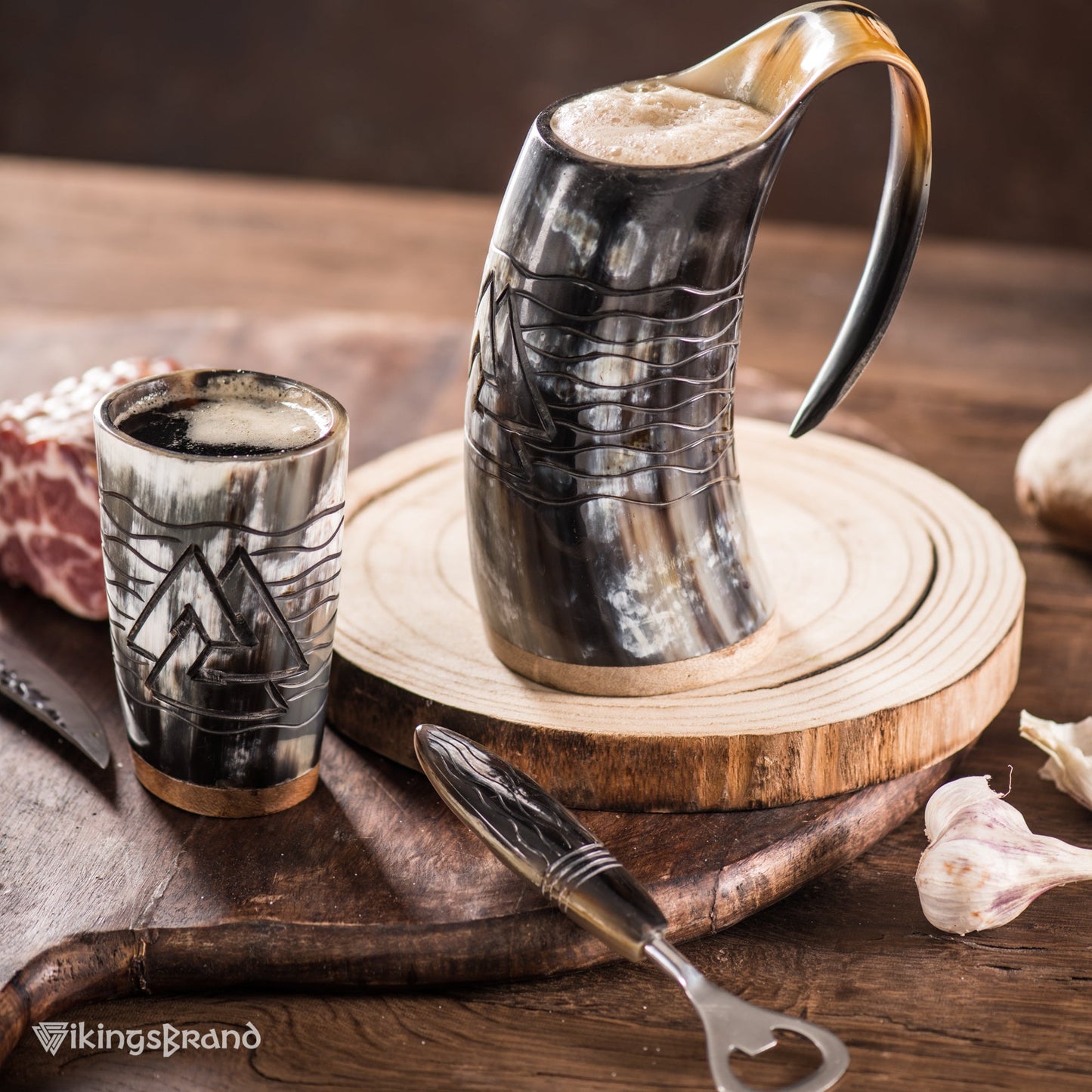 USA SHIPPING ONLY - VikingsBrand 24 oz. Valknut Ox Horn Beer Mug Set with Bottle Opener and Medieval Shot Glass for Ale