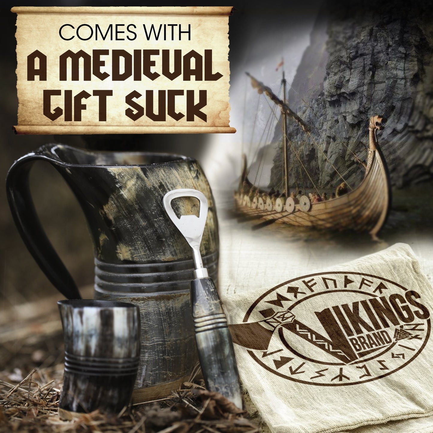 USA SHIPPING ONLY - VikingsBrand 30 oz. Ox Horn Beer Mug Set with Bottle Opener and Medieval Shot Glass for Ale