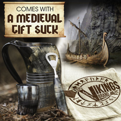 USA SHIPPING ONLY - VikingsBrand 30 oz. Ox Horn Beer Mug Set with Bottle Opener and Medieval Shot Glass for Ale