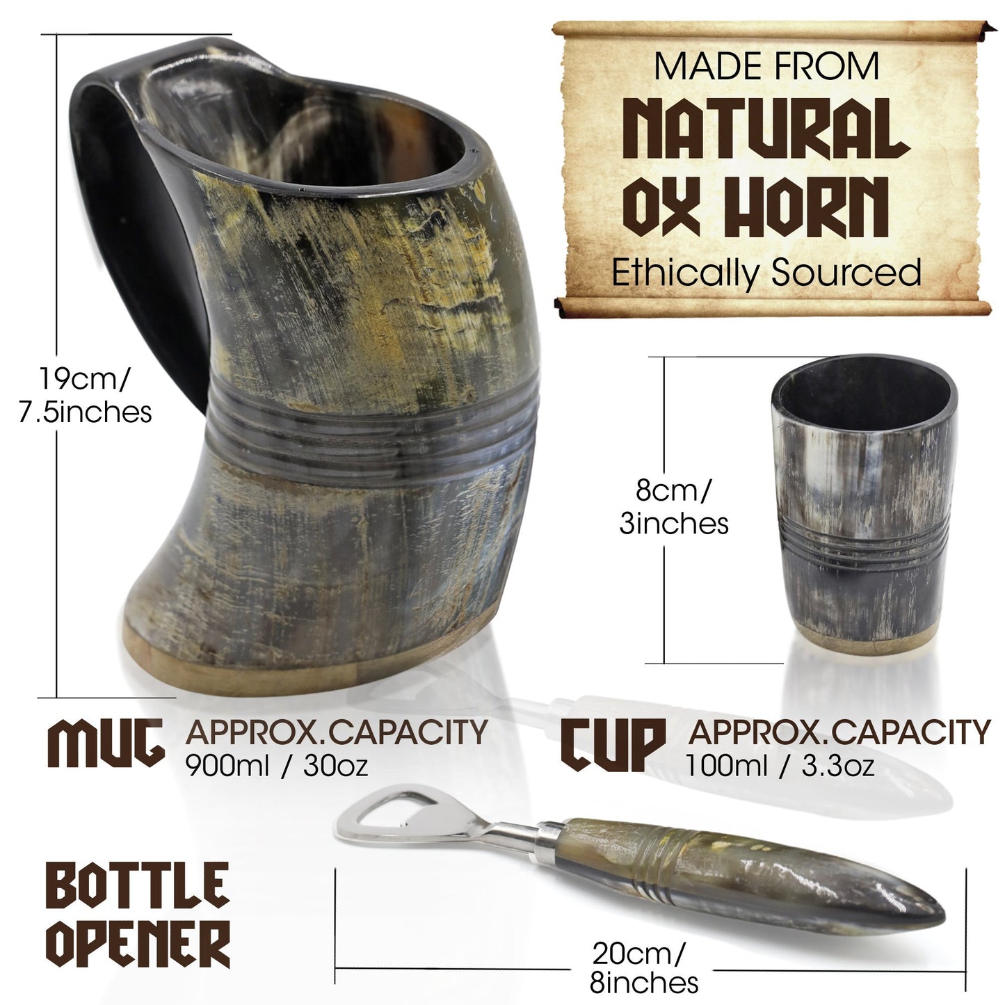 USA SHIPPING ONLY - VikingsBrand 30 oz. Ox Horn Beer Mug Set with Bottle Opener and Medieval Shot Glass for Ale