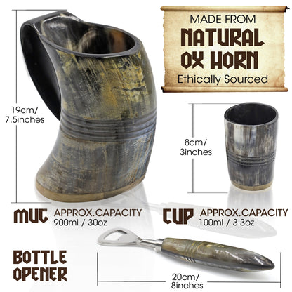 USA SHIPPING ONLY - VikingsBrand 30 oz. Ox Horn Beer Mug Set with Bottle Opener and Medieval Shot Glass for Ale