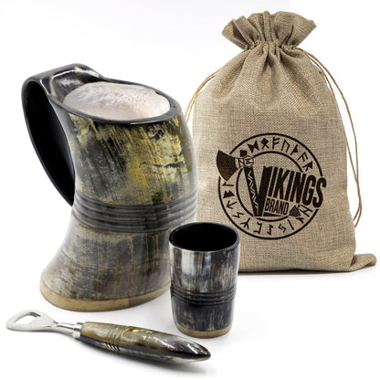 USA SHIPPING ONLY - VikingsBrand 30 oz. Ox Horn Beer Mug Set with Bottle Opener and Medieval Shot Glass for Ale