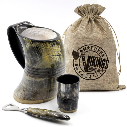 USA SHIPPING ONLY - VikingsBrand 30 oz. Ox Horn Beer Mug Set with Bottle Opener and Medieval Shot Glass for Ale
