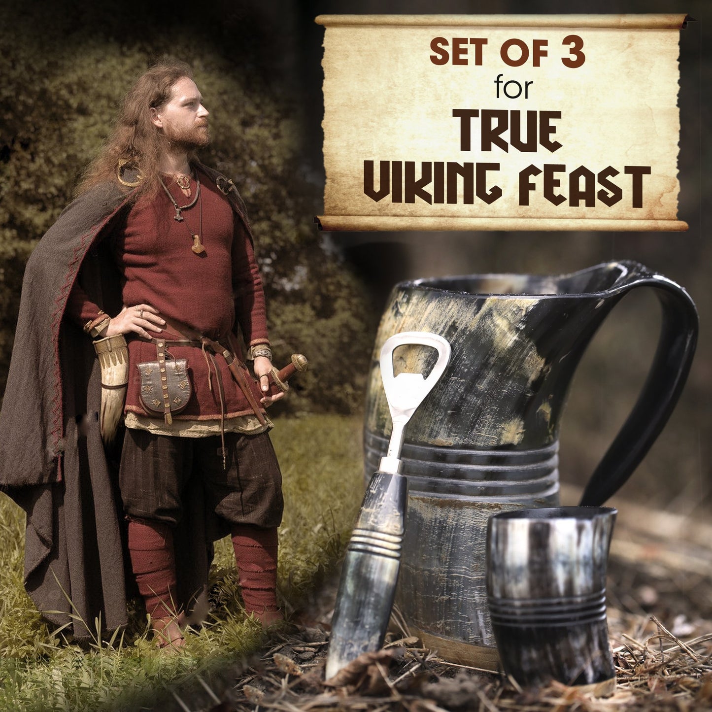 USA SHIPPING ONLY - VikingsBrand 30 oz. Ox Horn Beer Mug Set with Bottle Opener and Medieval Shot Glass for Ale