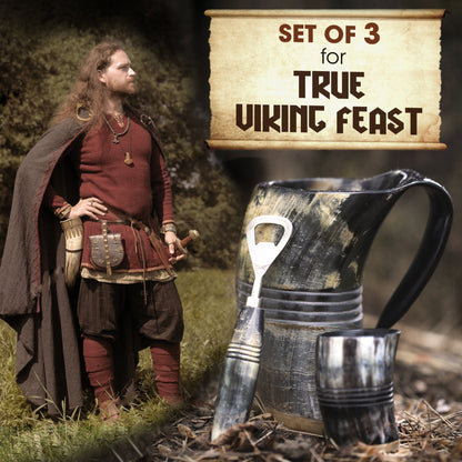 USA SHIPPING ONLY - VikingsBrand 30 oz. Ox Horn Beer Mug Set with Bottle Opener and Medieval Shot Glass for Ale