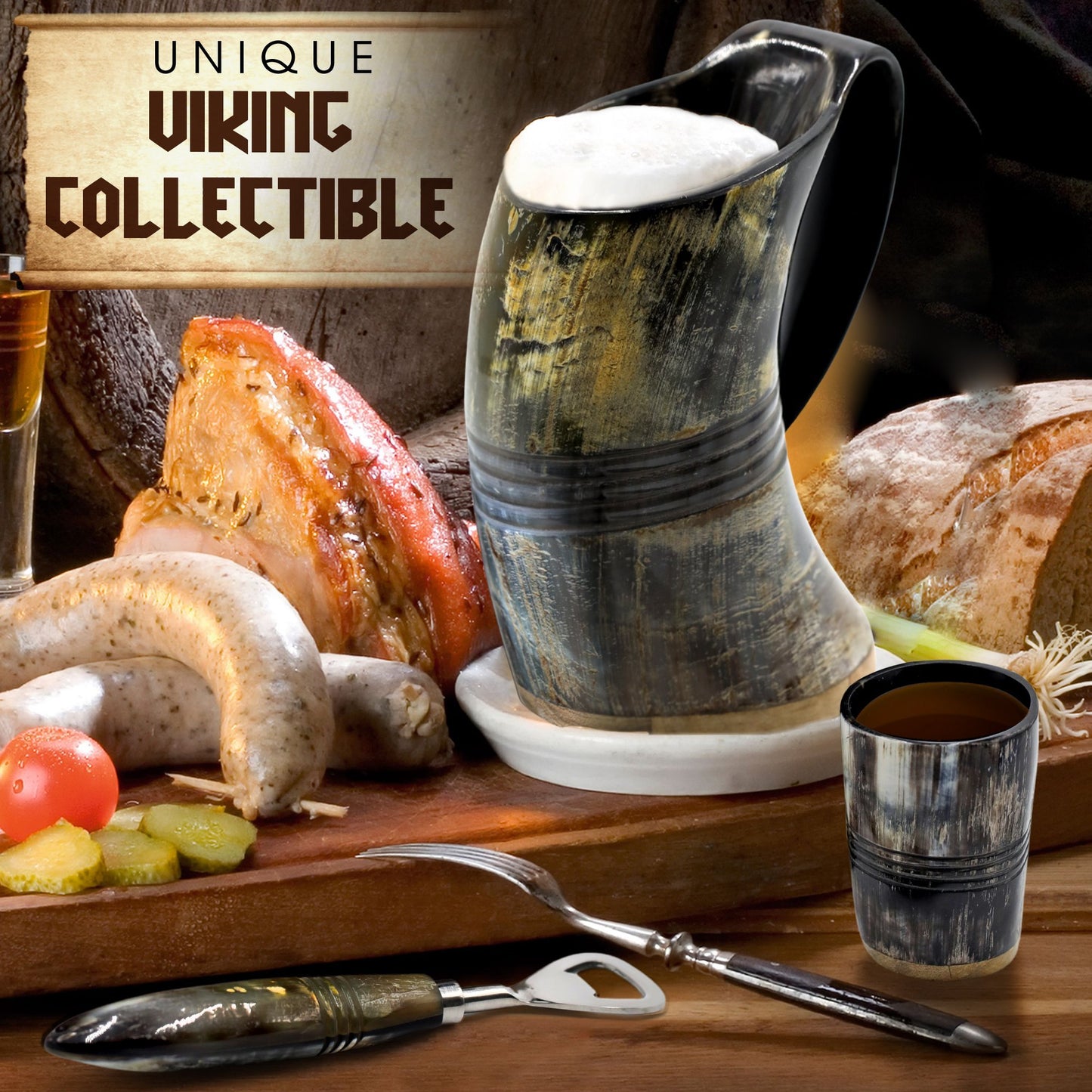 USA SHIPPING ONLY - VikingsBrand 30 oz. Ox Horn Beer Mug Set with Bottle Opener and Medieval Shot Glass for Ale