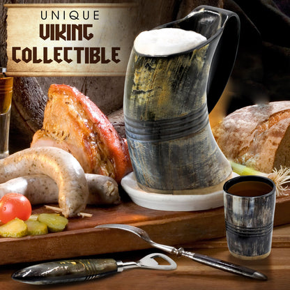 USA SHIPPING ONLY - VikingsBrand 30 oz. Ox Horn Beer Mug Set with Bottle Opener and Medieval Shot Glass for Ale