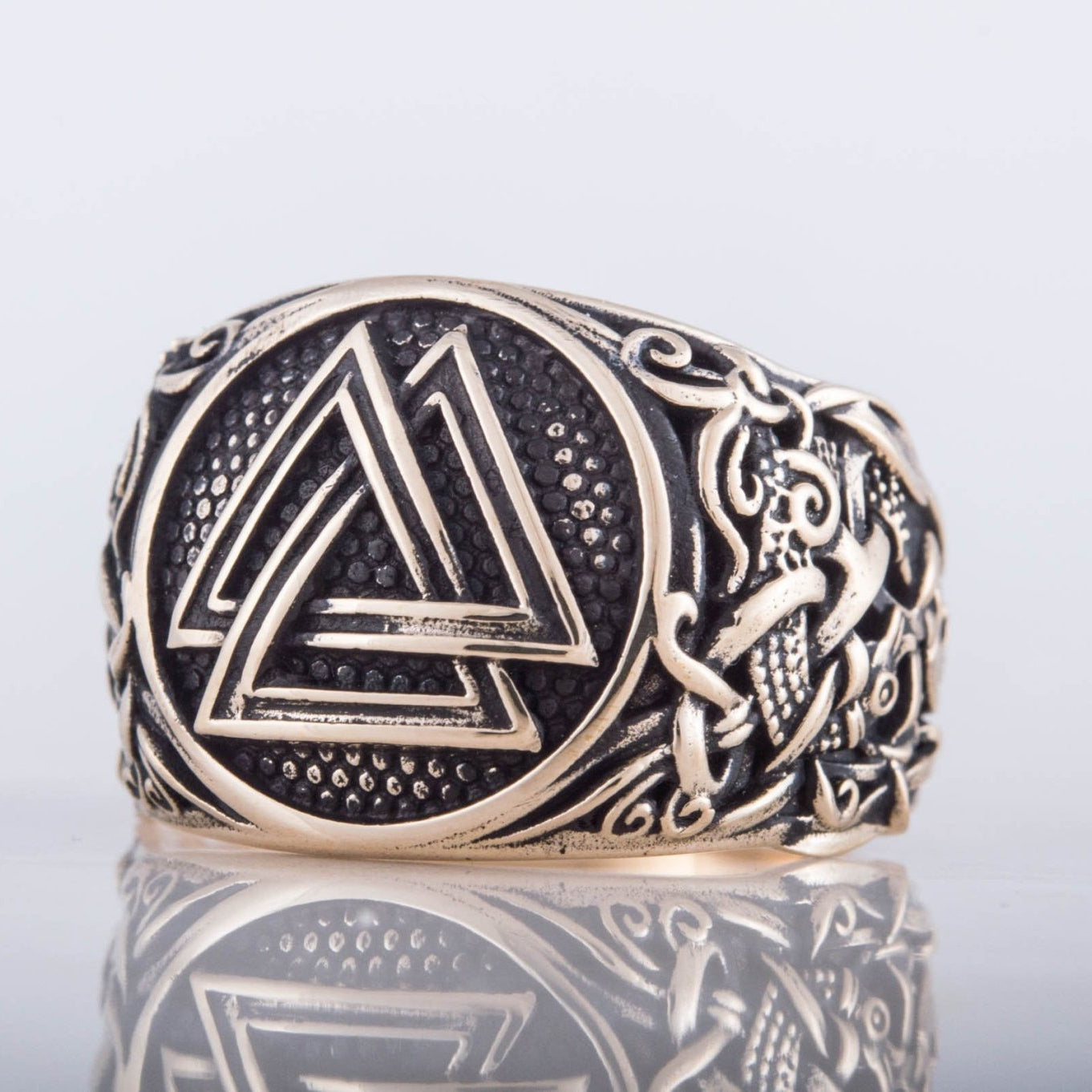 Valknut Ring with Mammen Ornament Handcrafted Bronze Viking Ring