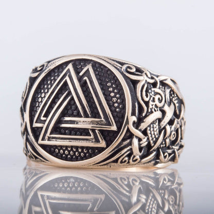 Valknut Ring with Mammen Ornament Handcrafted Bronze Viking Ring