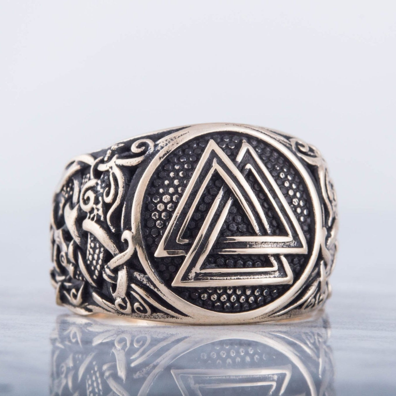 Valknut Ring with Mammen Ornament Handcrafted Bronze Viking Ring