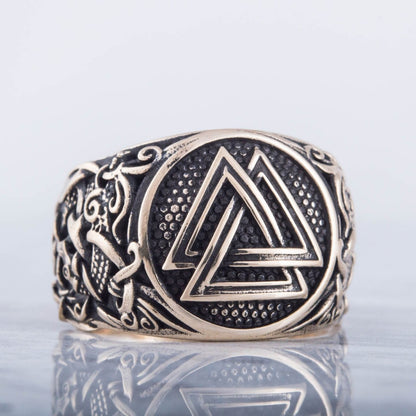 Valknut Ring with Mammen Ornament Handcrafted Bronze Viking Ring