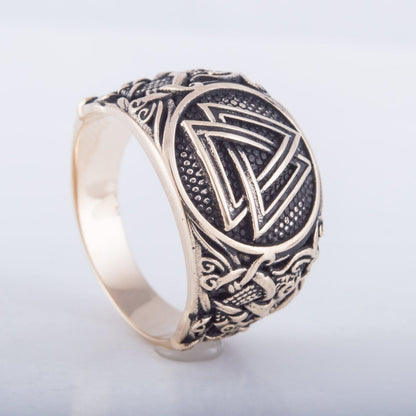 Valknut Ring with Mammen Ornament Handcrafted Bronze Viking Ring