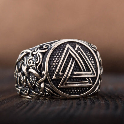 Valknut Ring with Mammen Ornament Handcrafted Bronze Viking Ring
