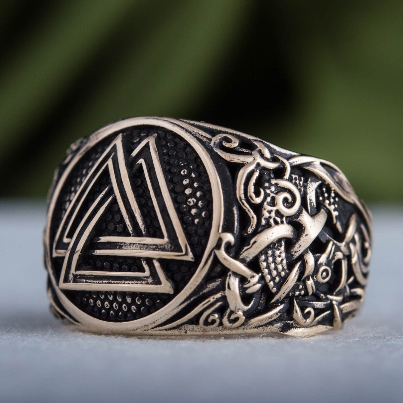 Valknut Ring with Mammen Ornament Handcrafted Bronze Viking Ring