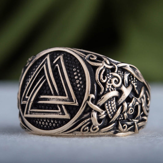 Valknut Ring with Mammen Ornament Handcrafted Bronze Viking Ring