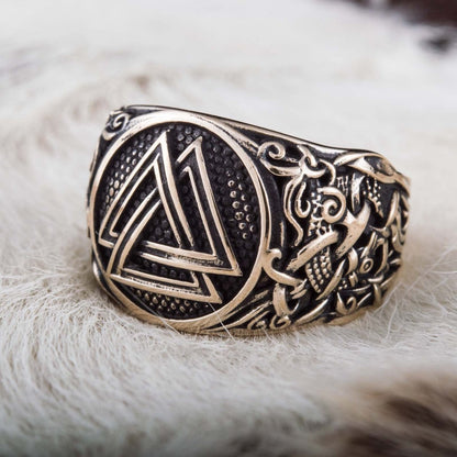 Valknut Ring with Mammen Ornament Handcrafted Bronze Viking Ring