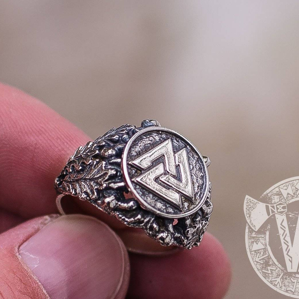 Valknut Ring with Oak Leaves and Acorns Sterling Silver Viking Ring - VikingsBrand