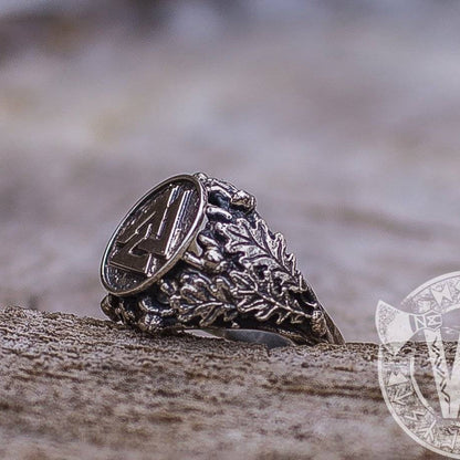 Valknut Ring with Oak Leaves and Acorns Sterling Silver Viking Ring - VikingsBrand