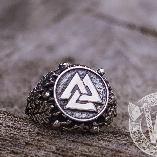 Valknut Ring with Oak Leaves and Acorns Sterling Silver Viking Ring - VikingsBrand