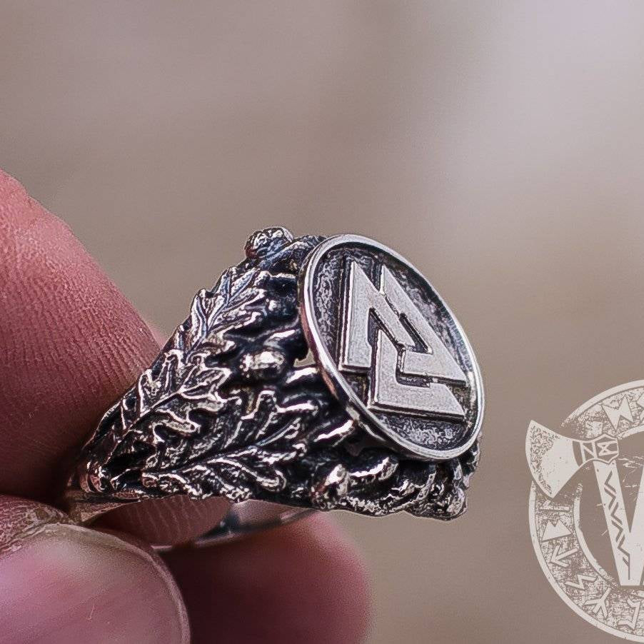 Valknut Ring with Oak Leaves and Acorns Sterling Silver Viking Ring - VikingsBrand