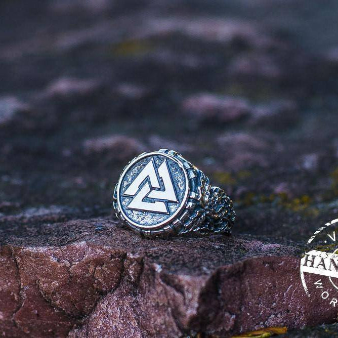 Valknut Ring with Oak Leaves | Handcrafted Sterling Silver Viking Jewelry | Norse Jewelry - VikingsBrand