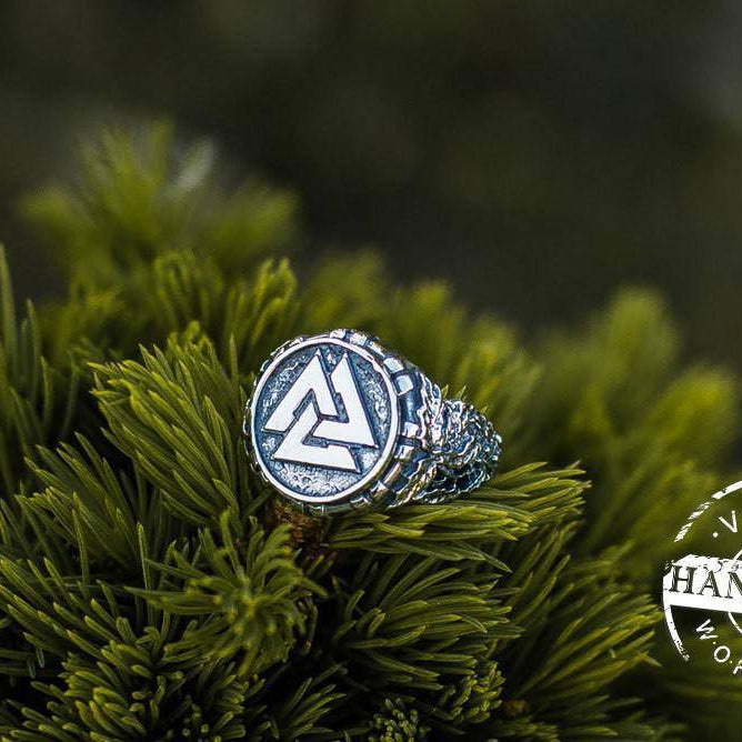 Valknut Ring with Oak Leaves | Handcrafted Sterling Silver Viking Jewelry | Norse Jewelry - VikingsBrand