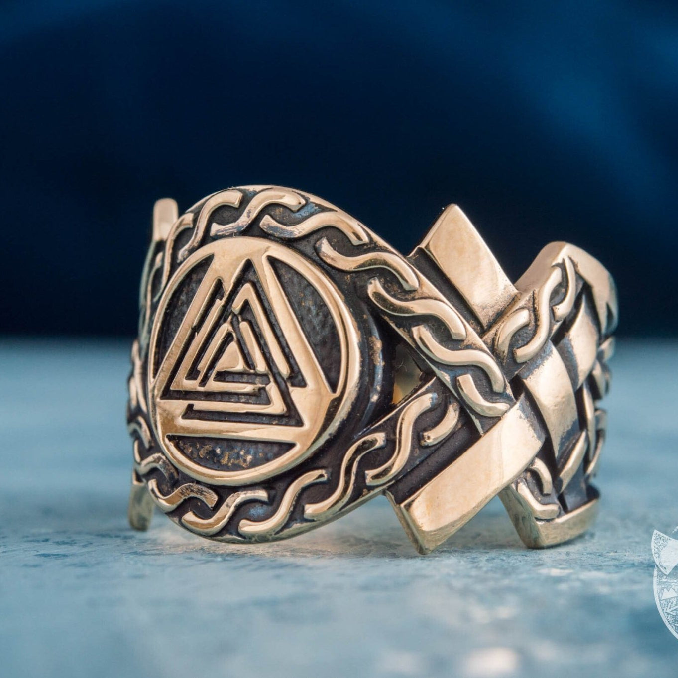 Valknut Symbol Bronze Viking Ring with Norse Ornament